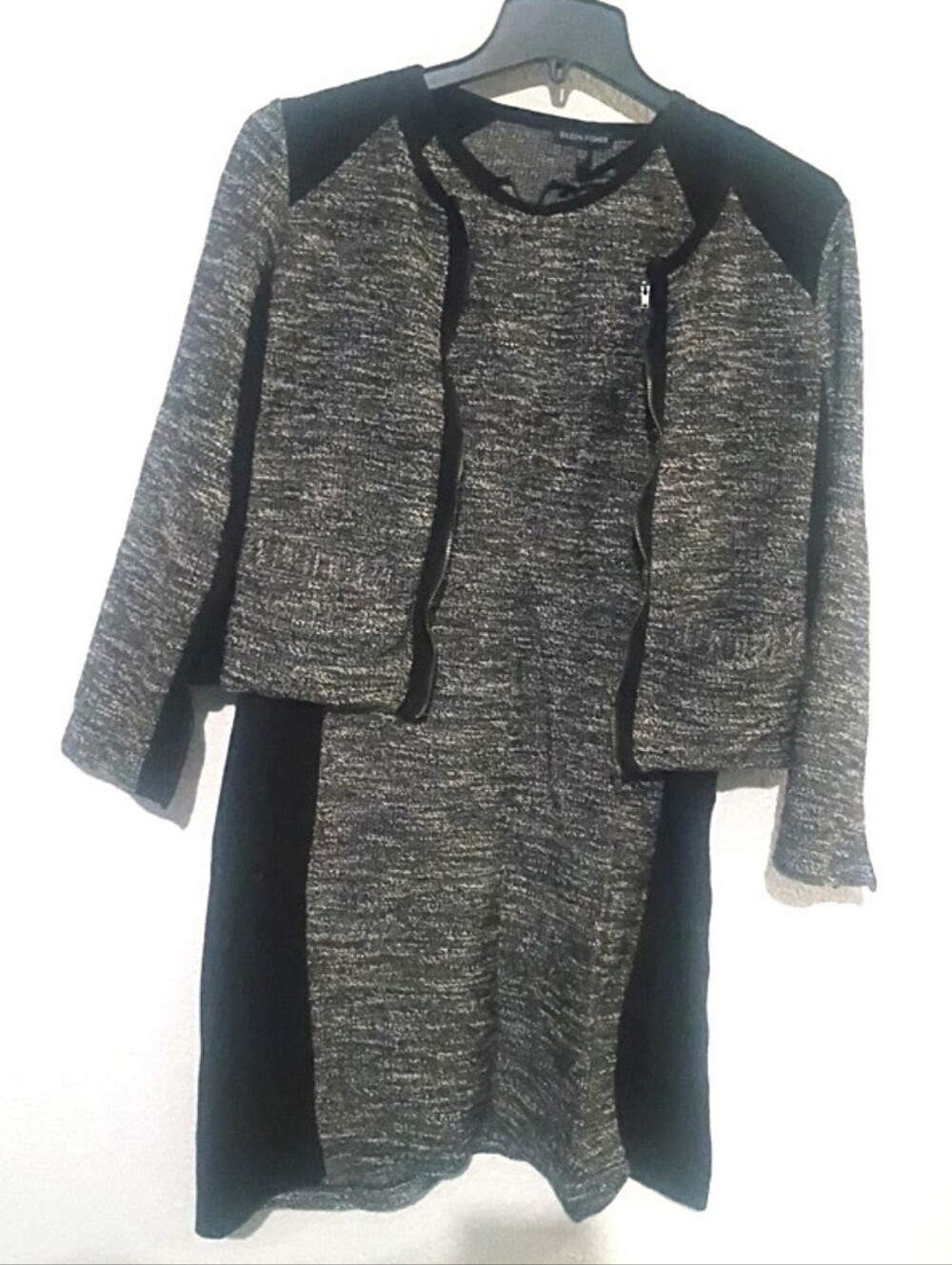 Eileen Fisher Black and Gray Tweed Dress with Jacket